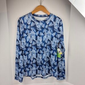 Guy Harvey Long Sleeve Tropical Leaf Blue White Performance Shirt Women's M NWT